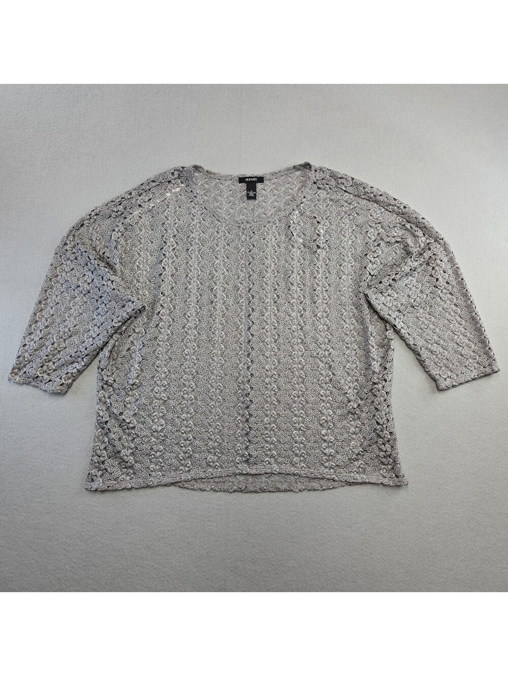 Alfani Open Knit Top Womens L Gray 3/4 Sleeve Crochet Look Pullover Sweater NWOT